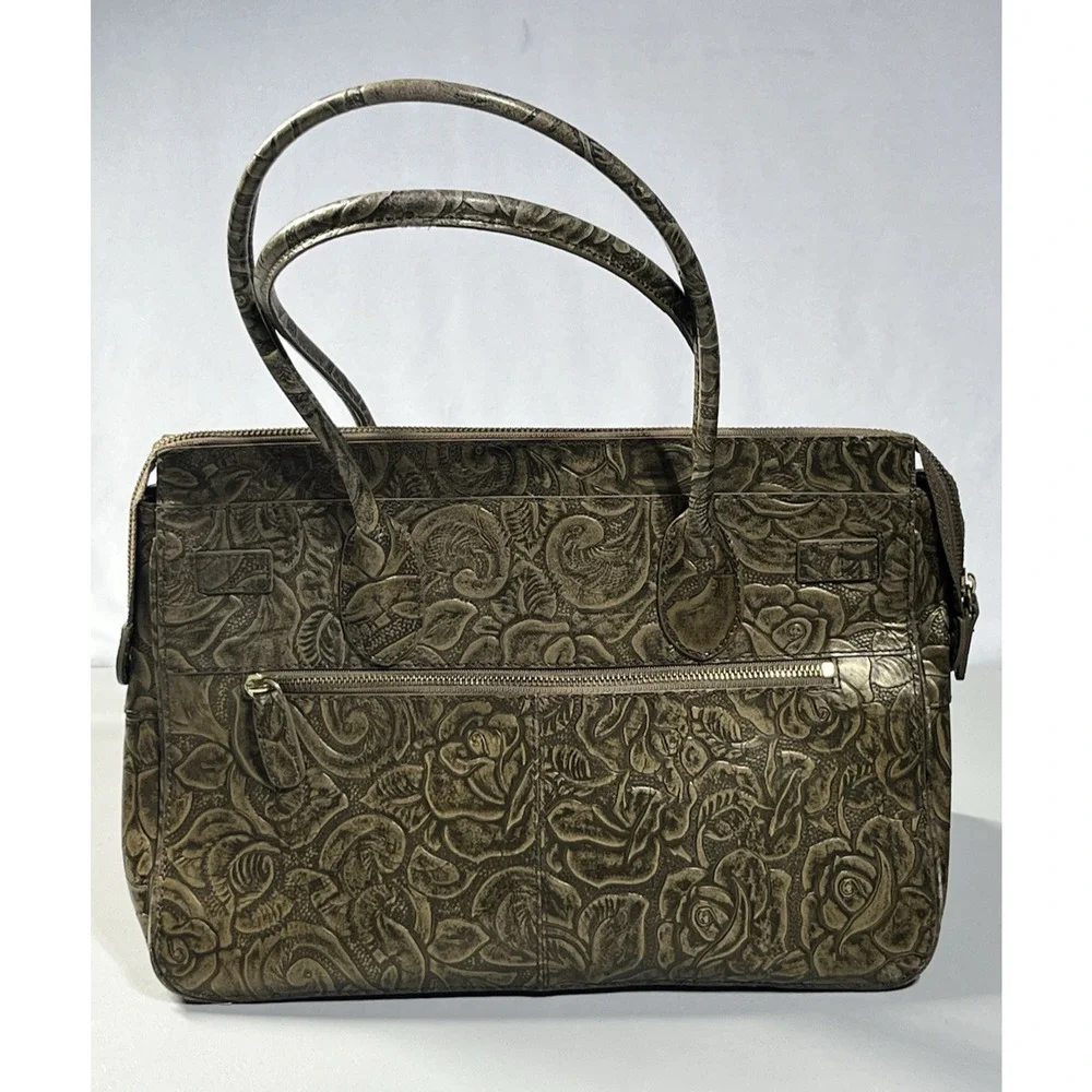 Maxx New York Floral Embossed Patent Leather Satchel Gold Zip Top Shoulder Bag
